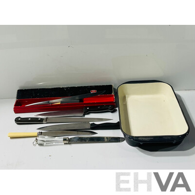 Collection Kitchen Knives Including Gerber Fish Knife in Origianl Box, J J Henkels 26cm Slicer and More