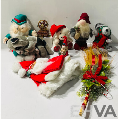 Collection of Christmas Decorations Including Hats, Statues and More