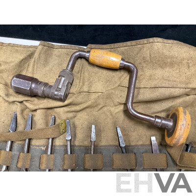 Vintage Hand Crank Drill with Pouch of Auger Bits