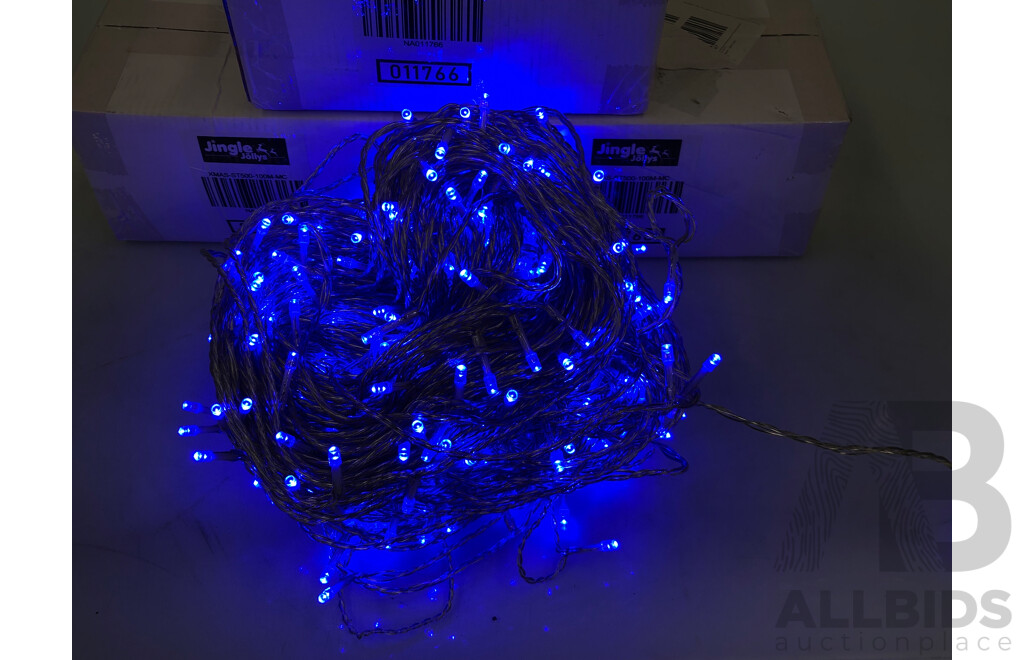 Four Sets of Jingle Jollys 100 Meter Blue and Multi Coloured LED Christmas Lights - New