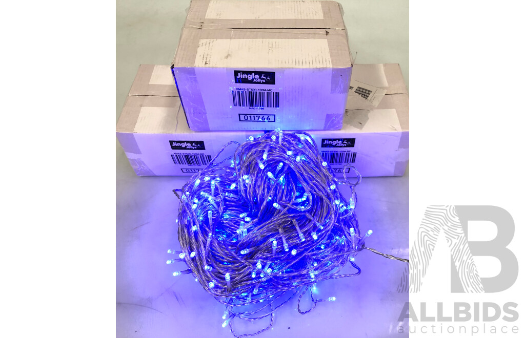 Four Sets of Jingle Jollys 100 Meter Blue and Multi Coloured LED Christmas Lights - New