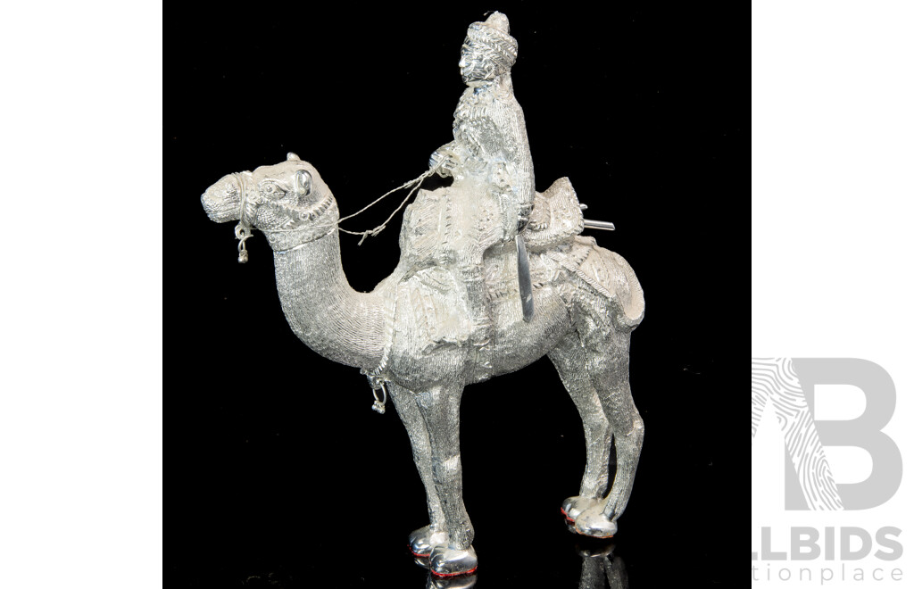 Vintage Hand Carved Middle Eastern White Metal Camel and Rider Figure