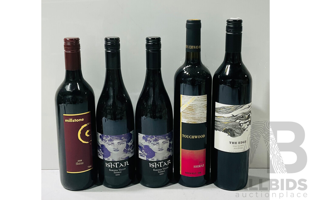 Collection of Five Bottles of Shiraz From Several Vineyards Including Touchwood, Millstone and More