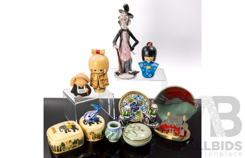 Collection Souvenir Ware Including Art Glass Whale with Aventurine Inclusions, Two Kashmiri Lidded Boxes, Pottery Dish by Ric & Sue Peters and More
