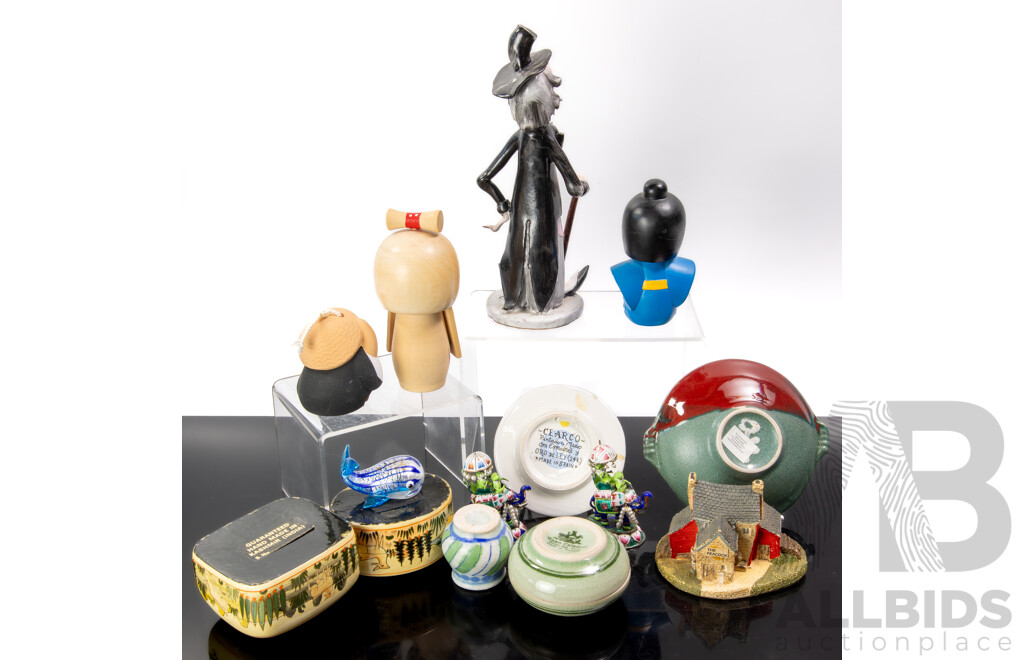 Collection Souvenir Ware Including Art Glass Whale with Aventurine Inclusions, Two Kashmiri Lidded Boxes, Pottery Dish by Ric & Sue Peters and More