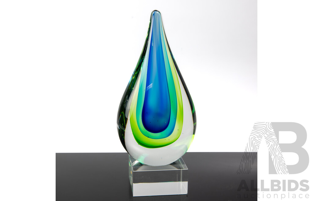 Murano Style Art Glass Sommerso Teardrop Form Ornament on Glass Base
