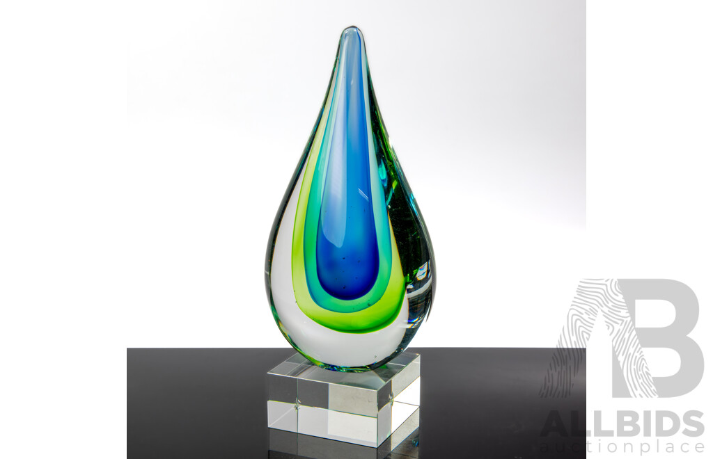 Murano Style Art Glass Sommerso Teardrop Form Ornament on Glass Base