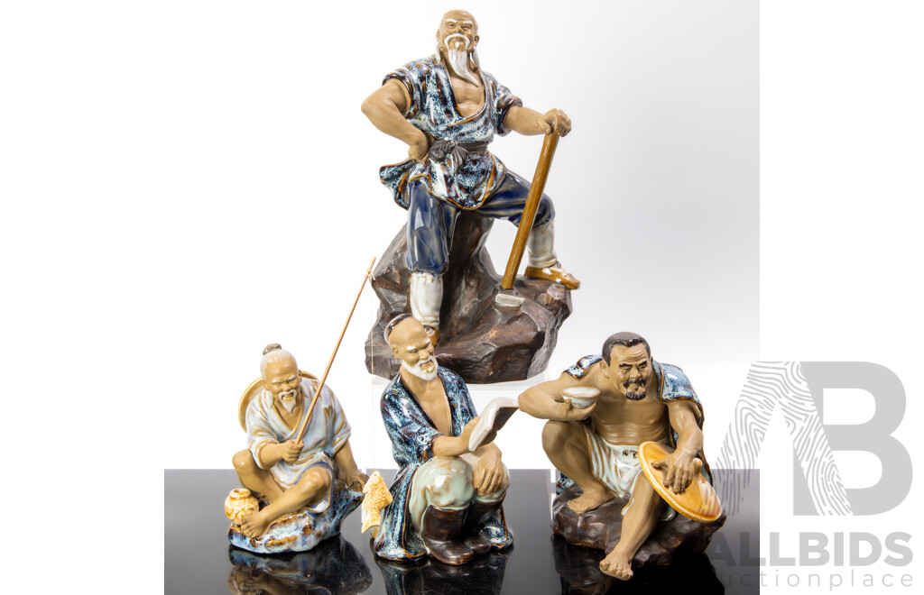 Collection Four Chinese Mud Man Figures Including Fisherman