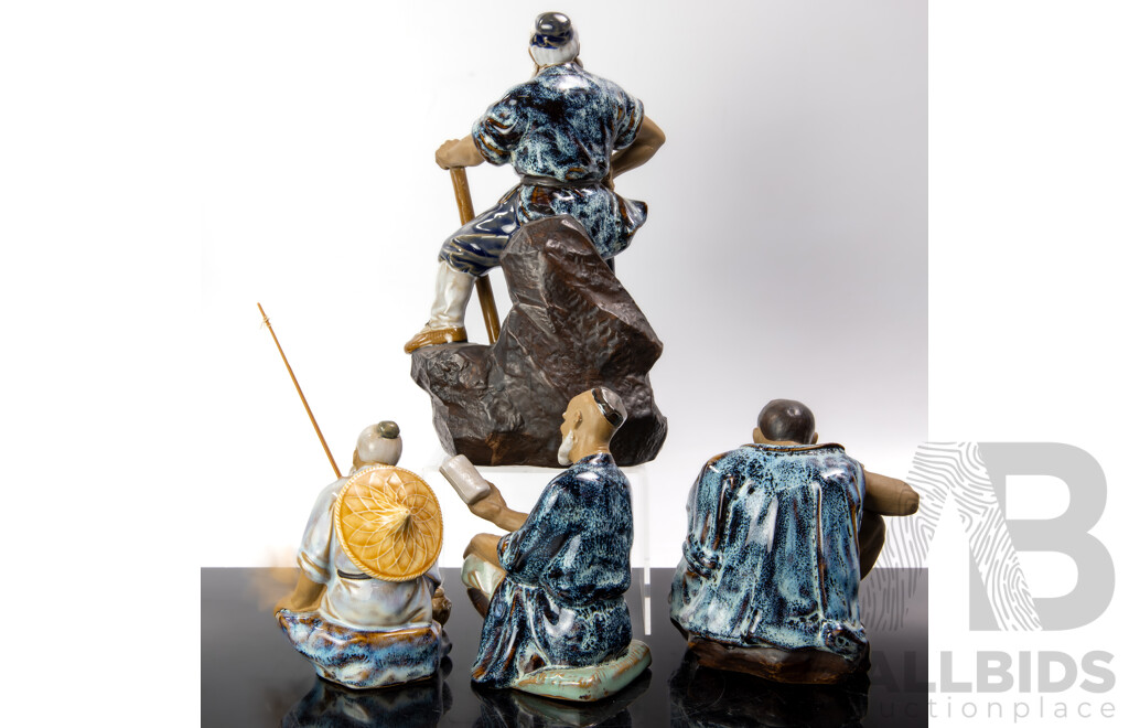 Collection Four Chinese Mud Man Figures Including Fisherman