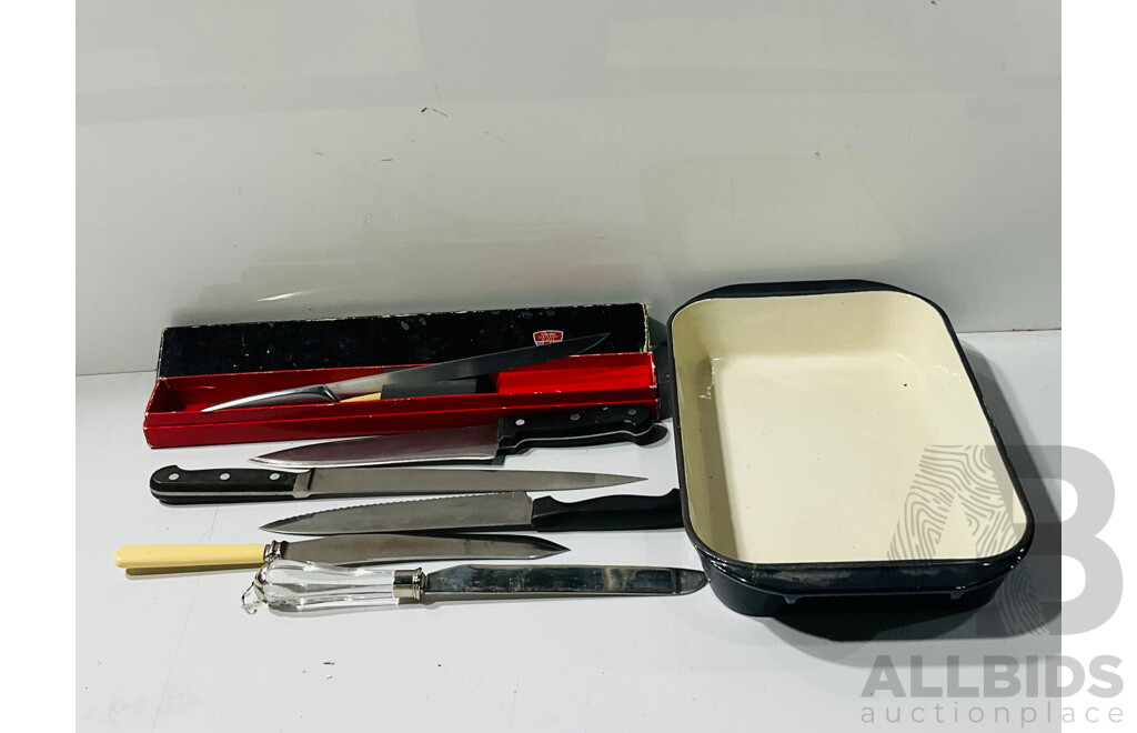 Collection Kitchen Knives Including Gerber Fish Knife in Origianl Box, J J Henkels 26cm Slicer and More