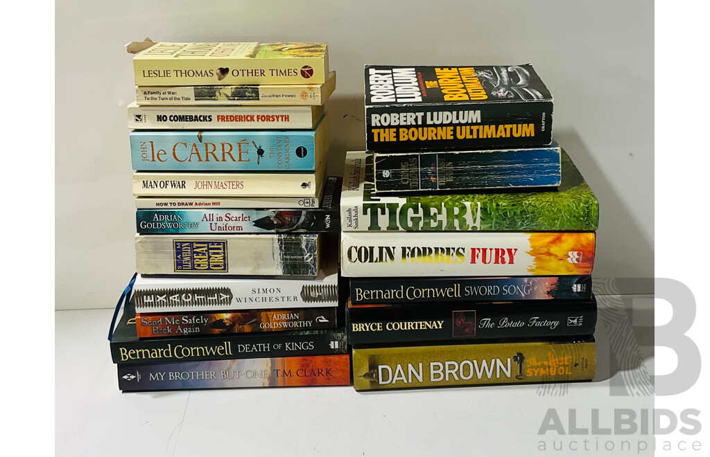 Collection of Novels in Both Soft and Hardcovers Including Books by Robert Ludlum, Dan Brown, Bryce Courtenay and More