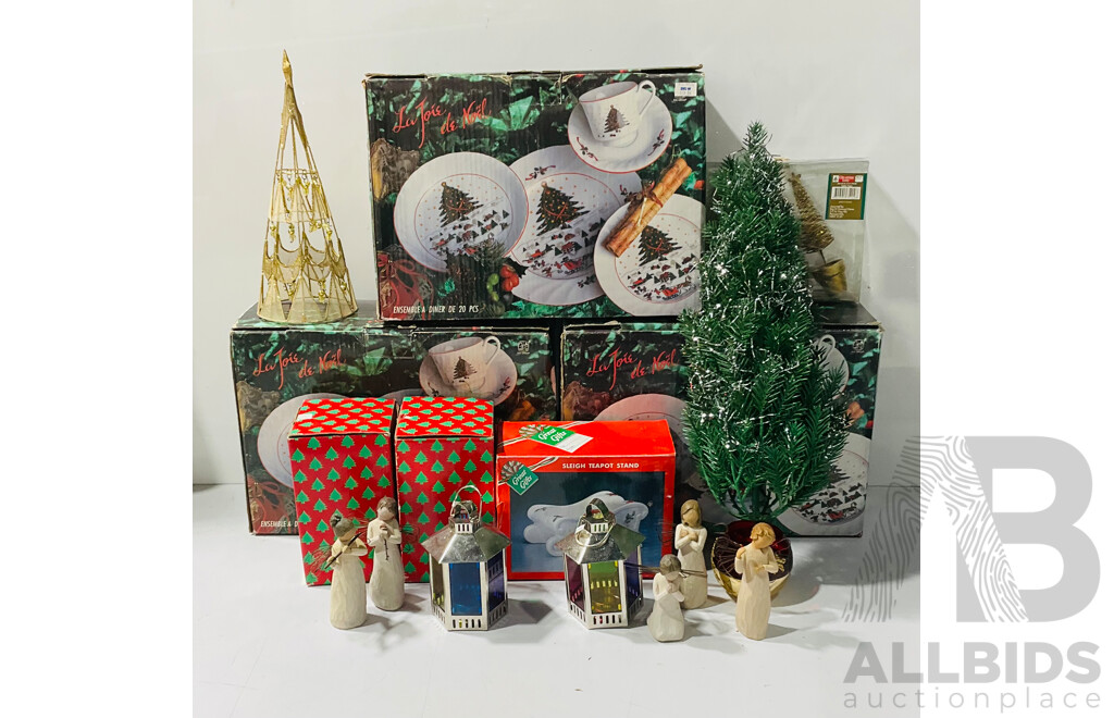 Large Collection of Christmas Decorations and Homeware Including Three Complete Sets of Christmas Dinner Sets, Carved Wooden Angel Statues and More