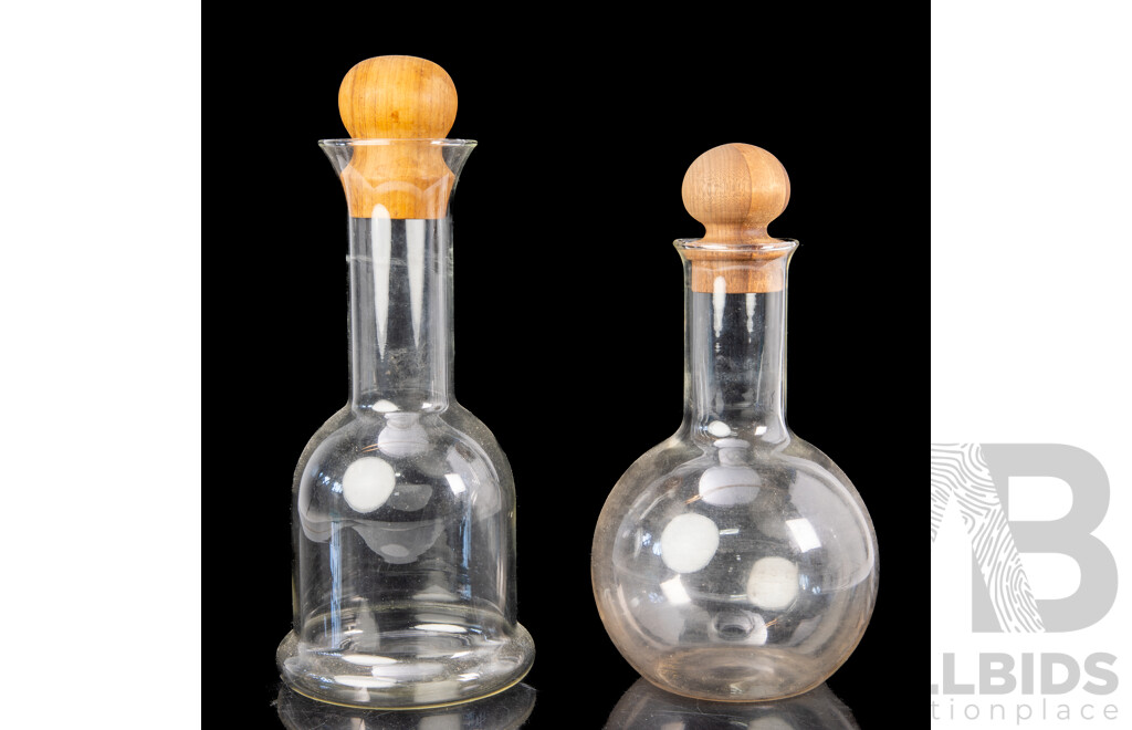 Two Mid Century Dansk Glass Carafes with Teak Wood Stoppers