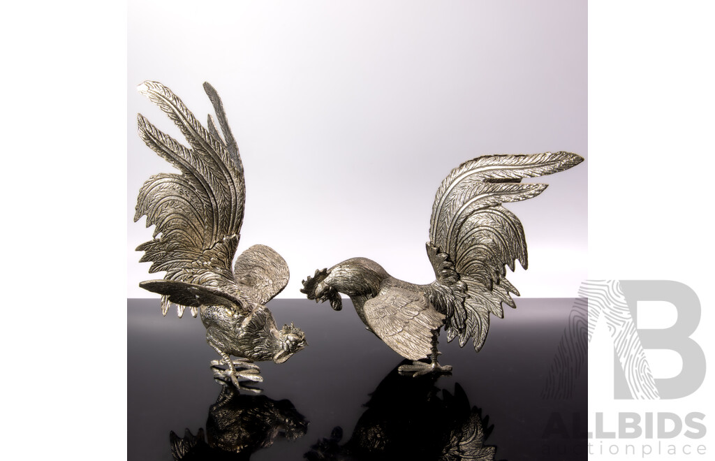 Vintage Pair South East Asian White Metal Fighting Cockrel's