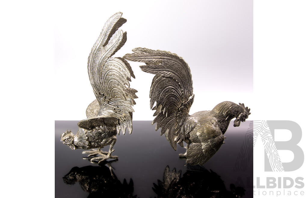 Vintage Pair South East Asian White Metal Fighting Cockrel's