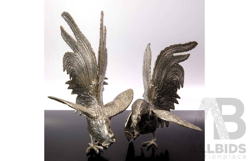 Vintage Pair South East Asian White Metal Fighting Cockrel's