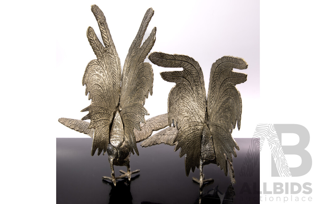 Vintage Pair South East Asian White Metal Fighting Cockrel's