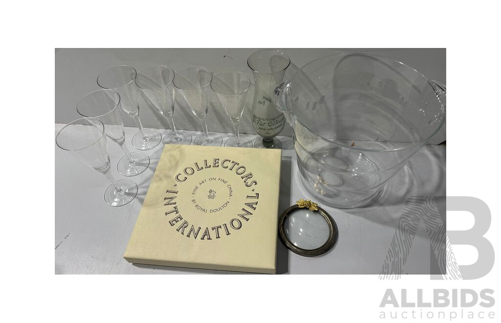 Collection Decorative Items Including Royal Doulton Display Plate in Original Box, Plastic Champagne Ice Bucket and More