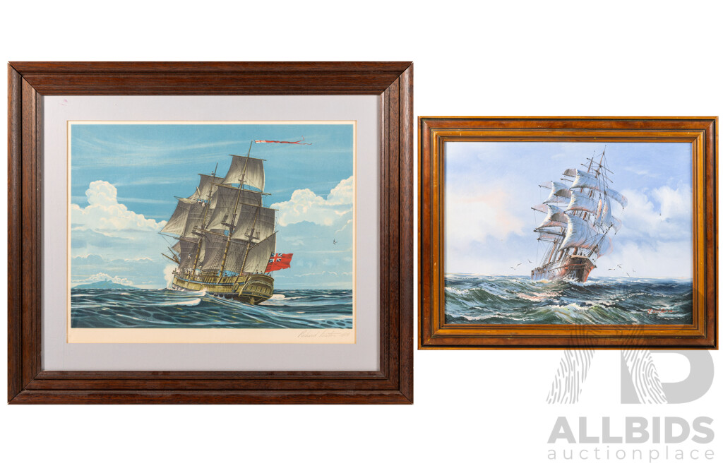 Richard Linton, (20th Century, Australian, 1935-), Landfall-Tahiti (1979), Limited Edition Original Lithograph, 55 x 65 cm (frame) & Artist Unknown, Choppy Seas, Vintage Oil on Canvas, 38 x 49 cm (frame) (2)