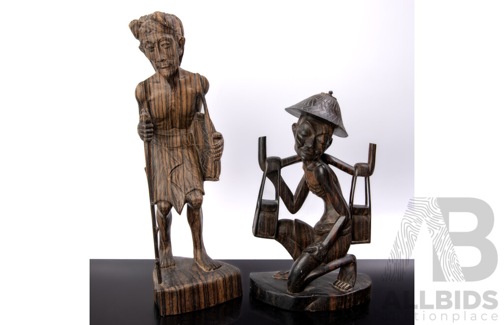 Two Vintage Hand Carved Indonesian Macassar Ebony Figural Statues