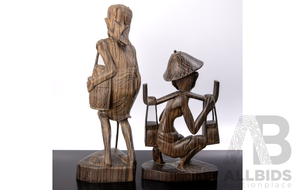 Two Vintage Hand Carved Indonesian Macassar Ebony Figural Statues