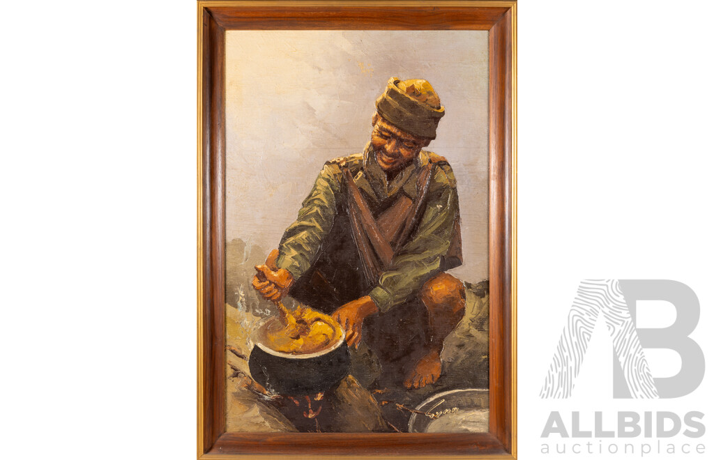 Gyan (Date Unknown), Portrait of a Nepalese Sherpa Preparing a Meal, Wonderful Vintage Oil on Canvas, 82 x 58 cm (frame)