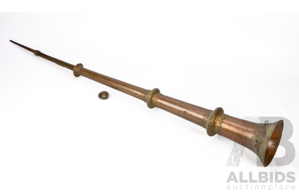 Vintage Tibetan Rag Dun Telescopic Ritual Copper and Brass Trumpet with Repousse Detail to Brass
