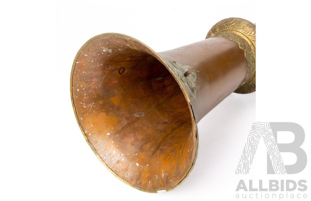 Vintage Tibetan Rag Dun Telescopic Ritual Copper and Brass Trumpet with Repousse Detail to Brass
