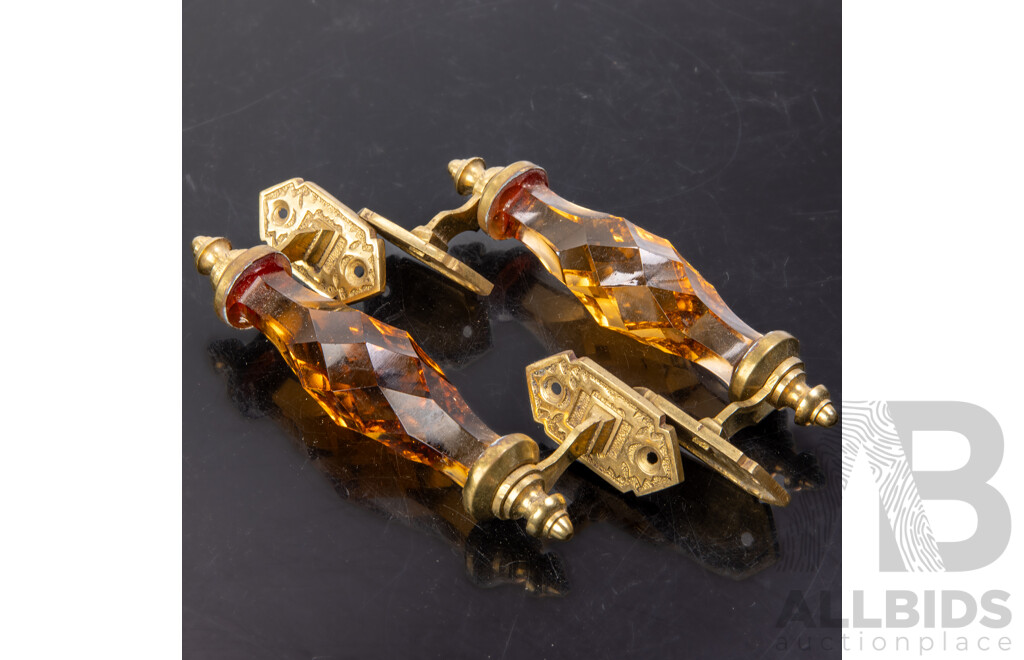 Vintage Brass Handles with Faceted Amber Glass