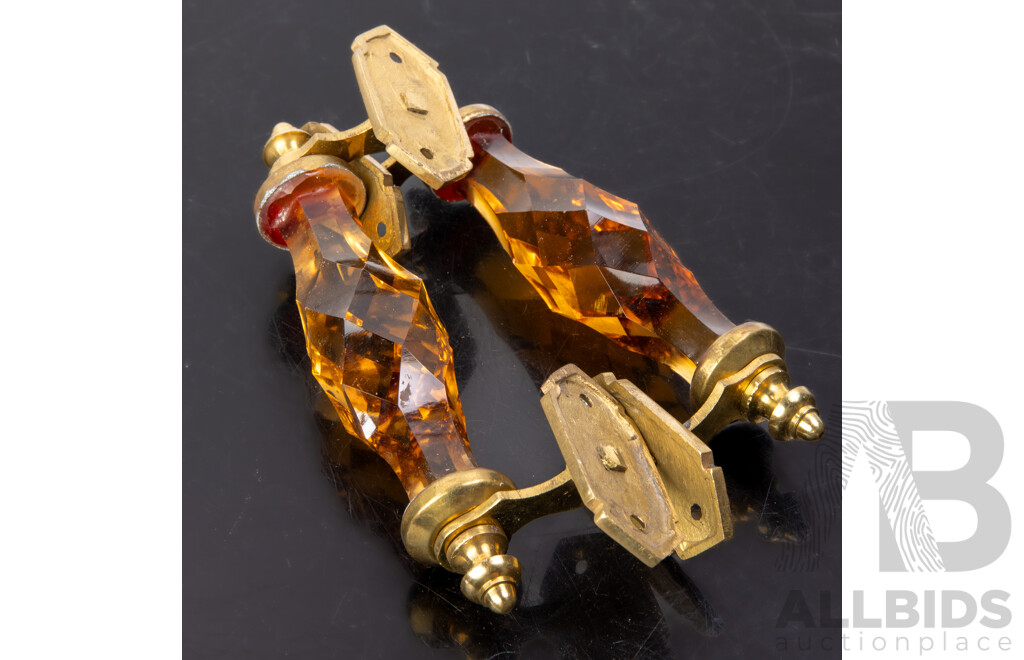Vintage Brass Handles with Faceted Amber Glass