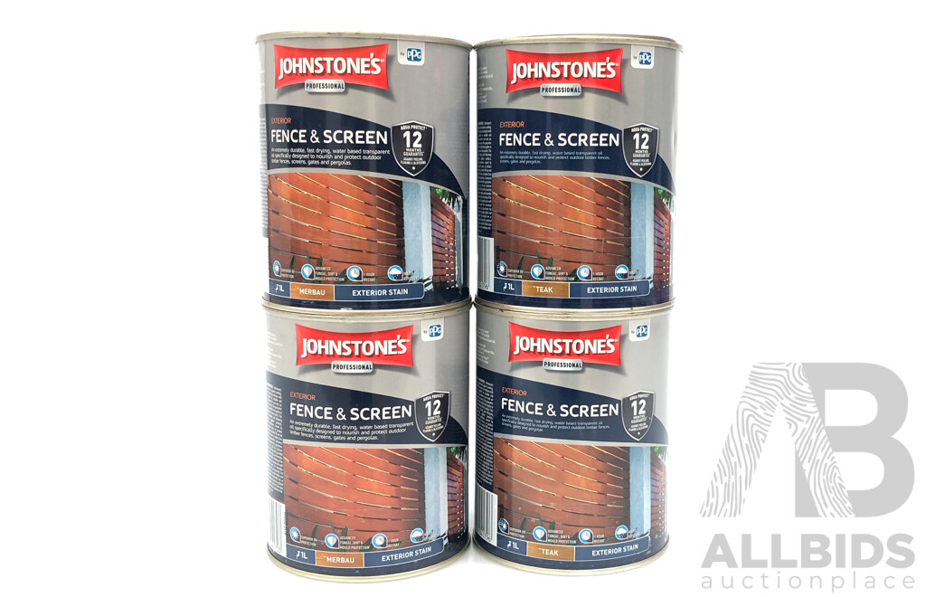 Johnstone's 1L Exterior Fence & Screen Stain(Merbau and Teak) - Lot of Four - Total ORP $280.00