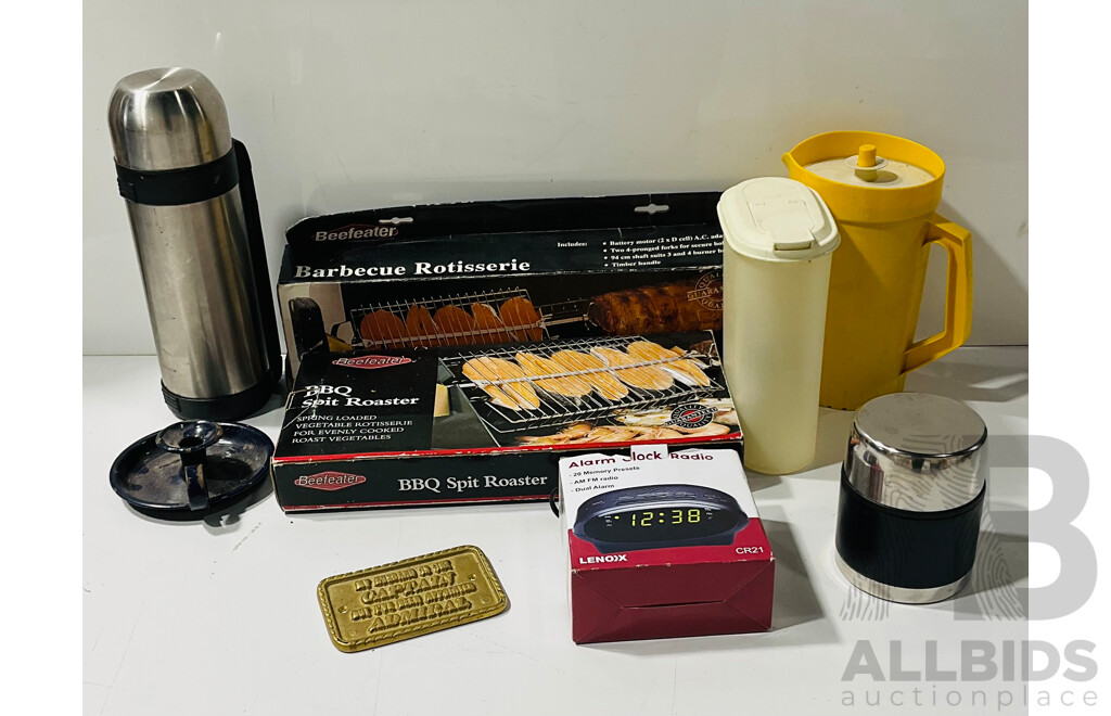 Collection of Kitchenware and Other Items Including Beefeater Bbq Spit Roaster, Barbecue Rotisserie, Plastic Tupperware Jugs and More