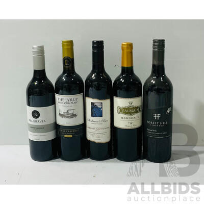 Collection of Five Bottles of Different Reds Including Forest Bill Cabernet Merlot, Belgravia Cabernet Sauvignon and More