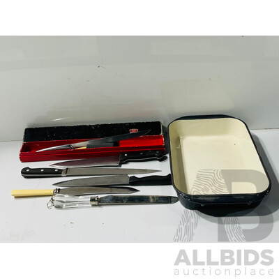 Collection Kitchen Knives Including Gerber Fish Knife in Origianl Box, J J Henkels 26cm Slicer and More