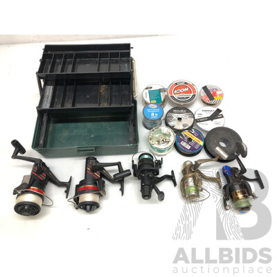 Six Fishing Rod Reels, Canitlever Tackle Box with Fishing Line and Hand Lines