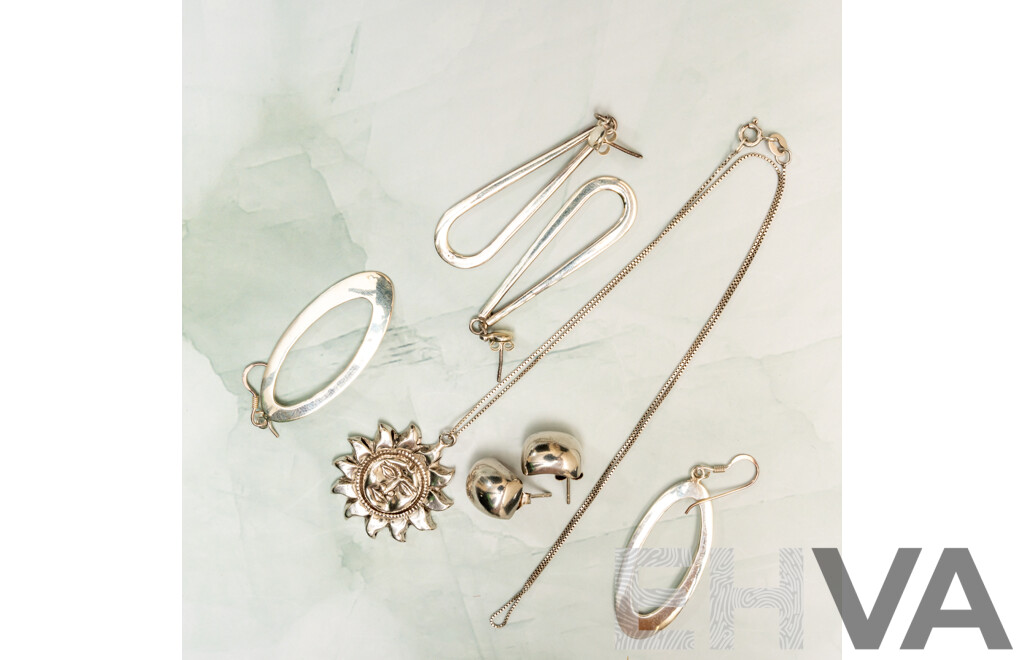 Sterling Silver Sun Pendant & (3) Pairs of Sterling Silver Earrings, All Cleaned & Polished, 19.48 Grams