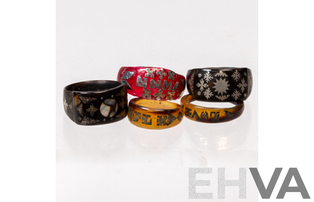 Vintage (4) Carved Tortoiseshell Rings with Inlaid Sterling Silver & Red Carved Ring with Sterling