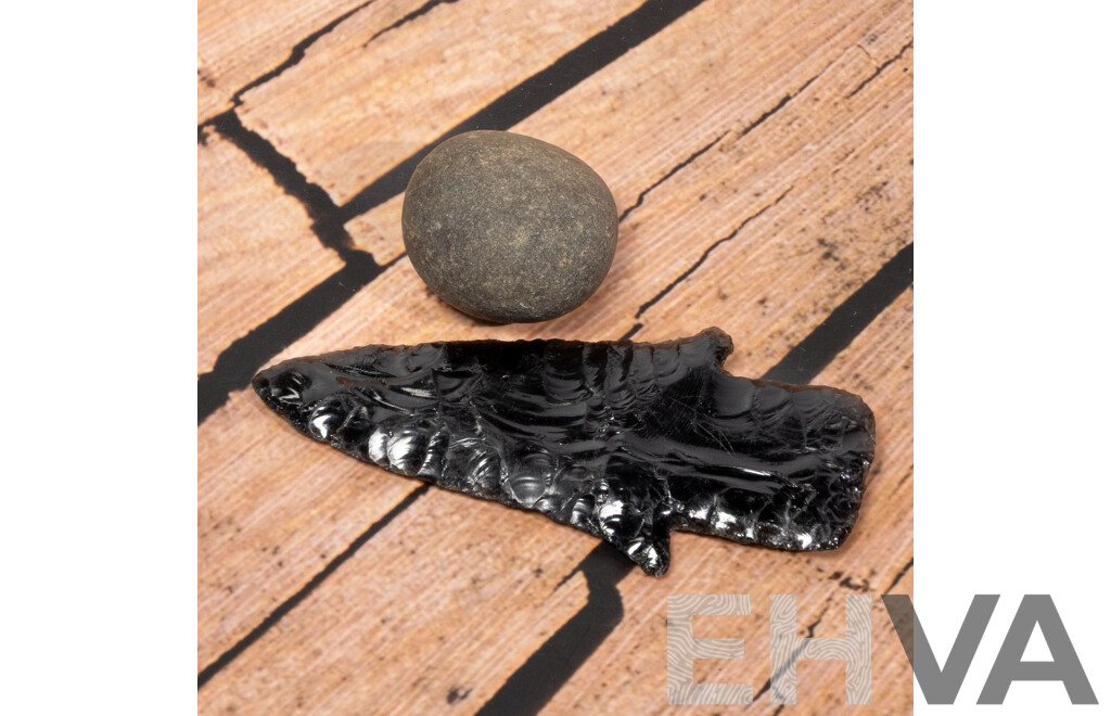Ancient Obsidian Atlatl Point Toltec Culture, Teotihuacan Area, Mexico Along with Aztec Hammer Stone, Both in Collectors Cases