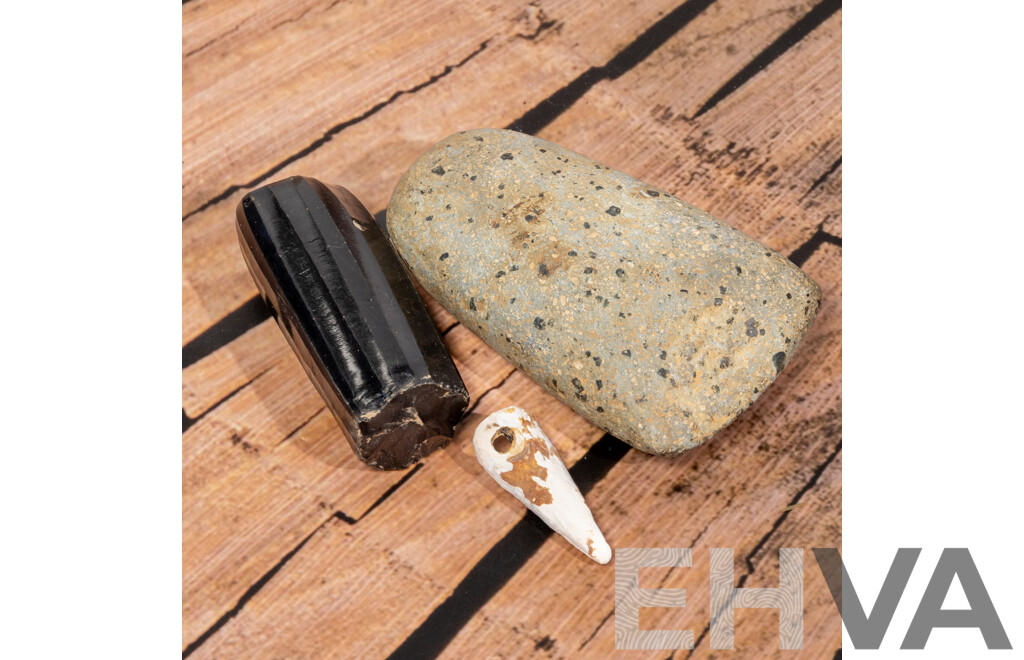 Collection Three Ancient Central American Items Comprising Obsidian Core, Shell Bead & Axe Head, All in Collectors Cases