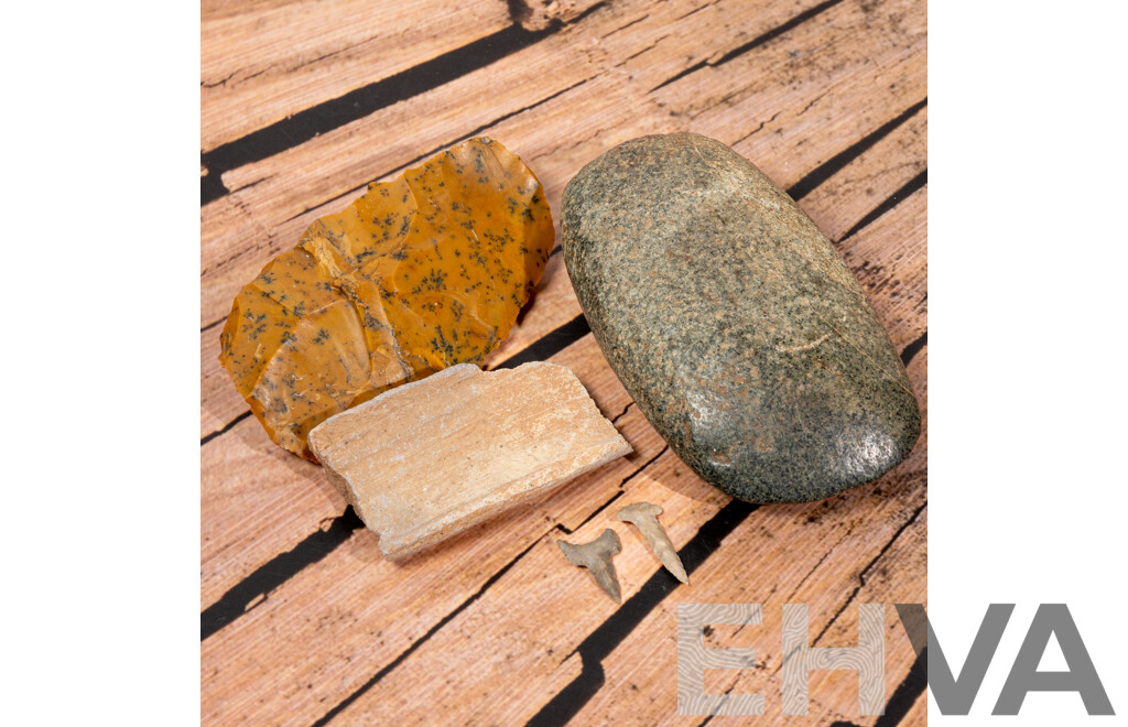 Collection Five Ancient North American Items Comprising Archaic Stone Celt Axe Head, Moss Oalite Scraper, Two Drill Bits & Pottery Rim Sherd,  All in Collectors Cases