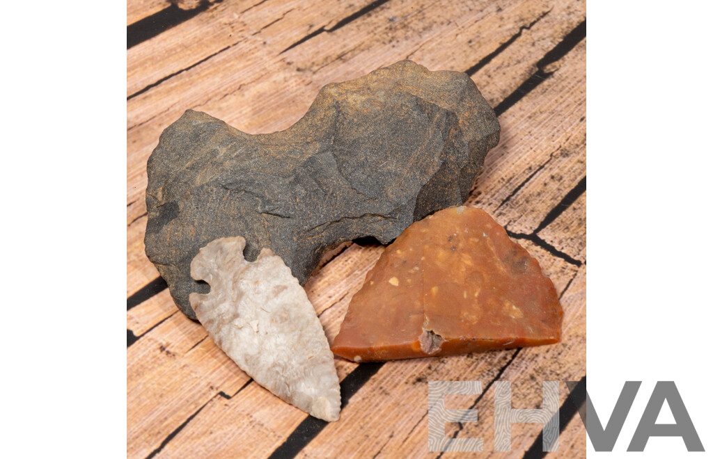 Collection Three Ancient North American Items Comprising Flint St Charles Projectile Point, Novaculite Axe Head, Flint Knife with Hinge Fracture,  All in Collectors Cases