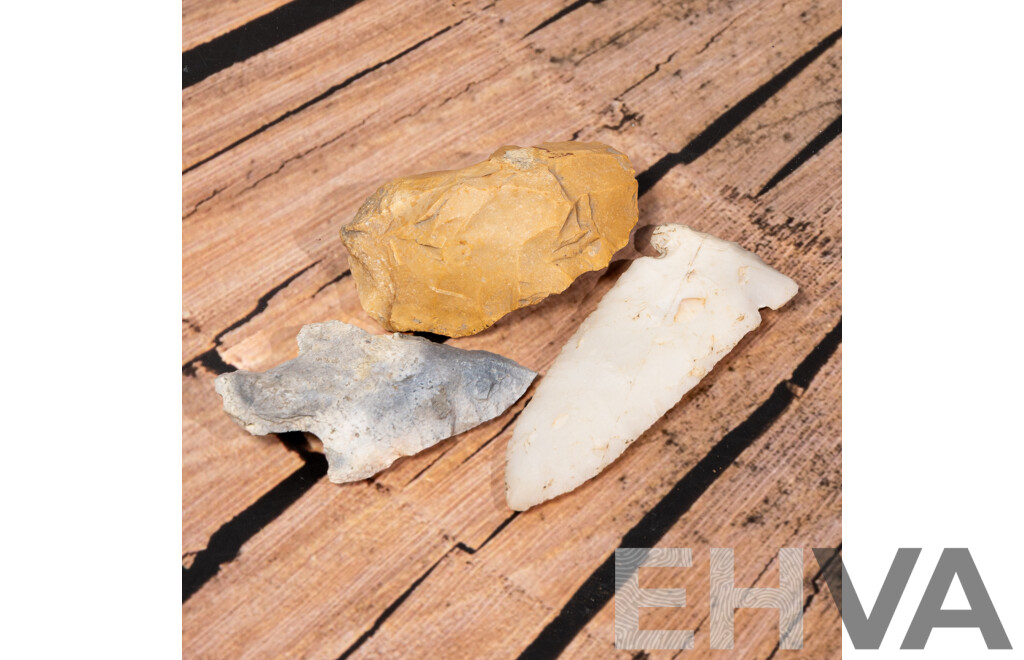 Collection Three Ancient North American Items Comprising Silcified Coral Projectile Point, Projectile Point & Flint Scraper All in Collectors Cases