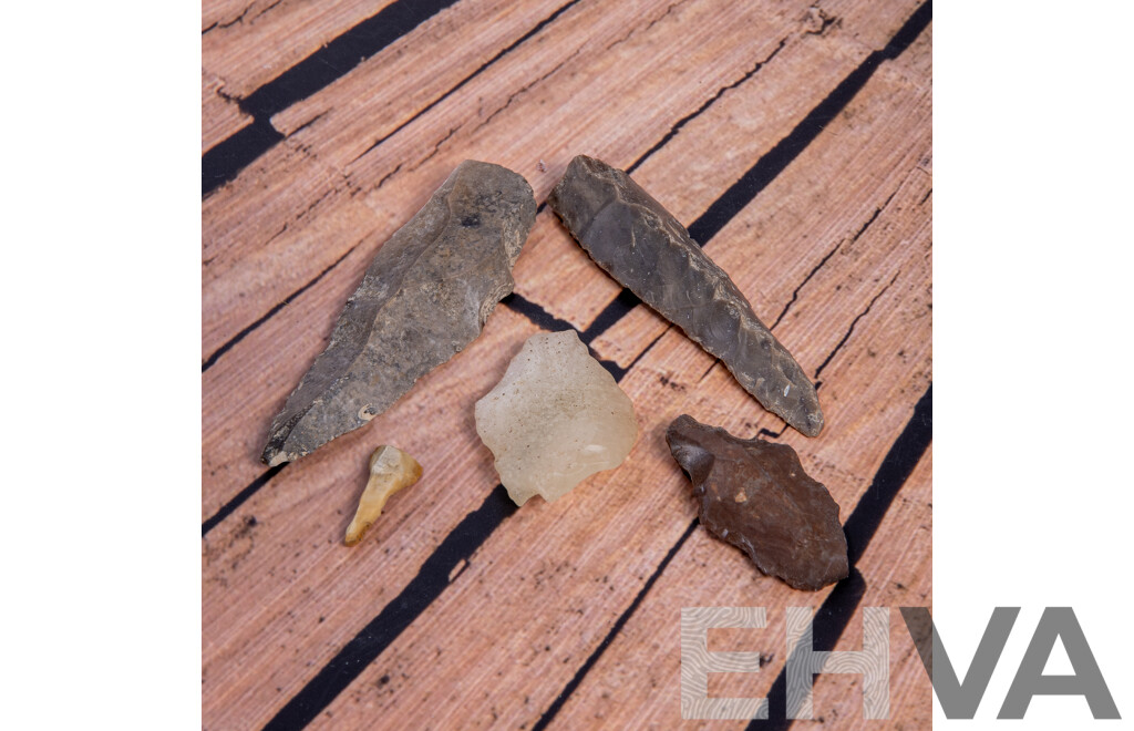 Collection Five Ancient Syrian, Egyptian & Moroccan Neolithic Flint Knapped Items, All in Collectors Frames