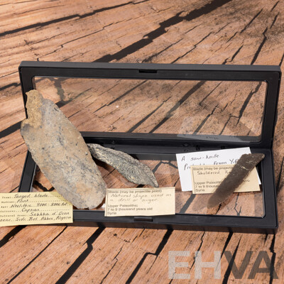 Collection Three Ancient Neolithic Flintknapped Items, All in Collectors Frames