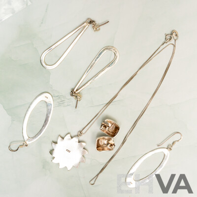 Sterling Silver Sun Pendant & (3) Pairs of Sterling Silver Earrings, All Cleaned & Polished, 19.48 Grams