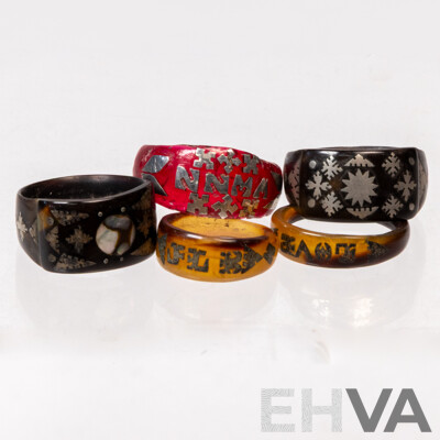 Vintage (4) Carved Tortoiseshell Rings with Inlaid Sterling Silver & Red Carved Ring with Sterling