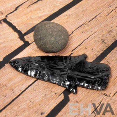 Ancient Obsidian Atlatl Point Toltec Culture, Teotihuacan Area, Mexico Along with Aztec Hammer Stone, Both in Collectors Cases
