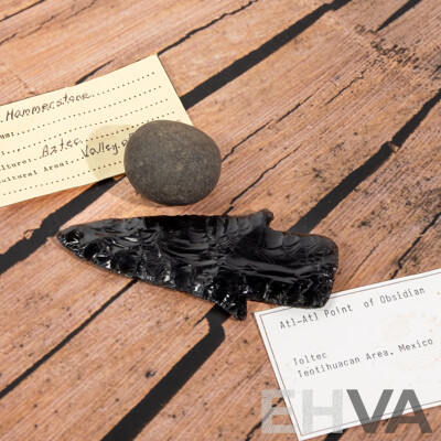 Ancient Obsidian Atlatl Point Toltec Culture, Teotihuacan Area, Mexico Along with Aztec Hammer Stone, Both in Collectors Cases