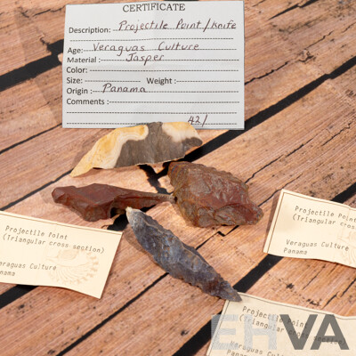 Collection Four Ancient Knapped Stone Triangular Cross Section Projectile Points Including Jasper Example, Veraguas Culture, Panama, Circa 500 to 1200 AD, All in Collectors Cases