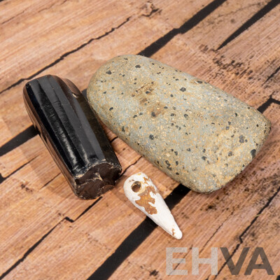 Collection Three Ancient Central American Items Comprising Obsidian Core, Shell Bead & Axe Head, All in Collectors Cases